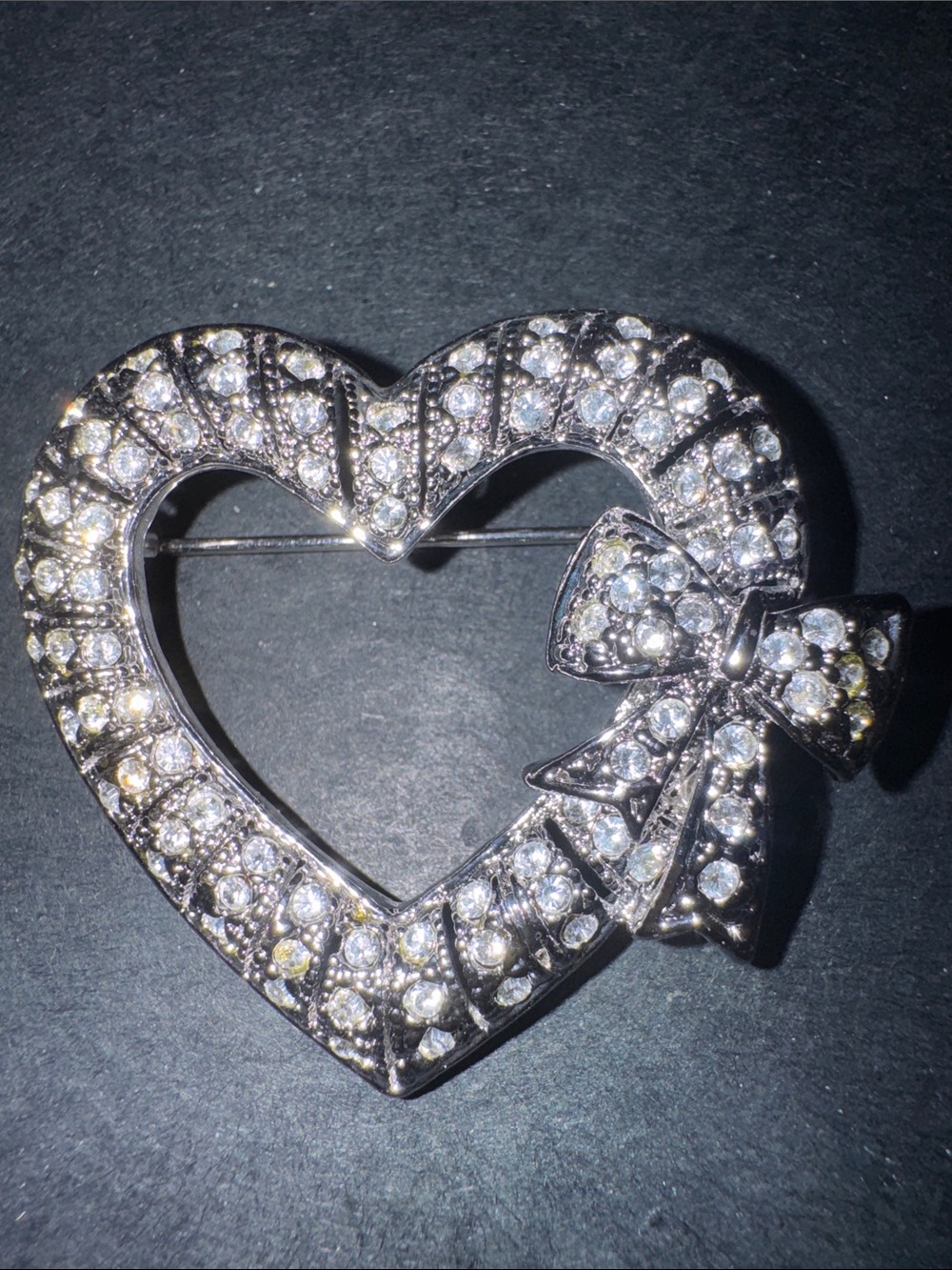 Vintage Silver Heart Brooch with Clear Crystals and Bow